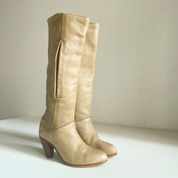 Vintage Frye Light Beige Leather Unique Knee High Boots 6.5 - Picture 2 of 15